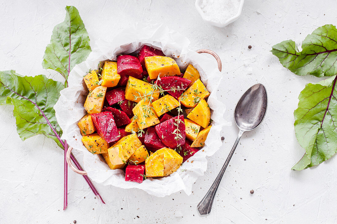 Preparing colorful beets to roast in the oven