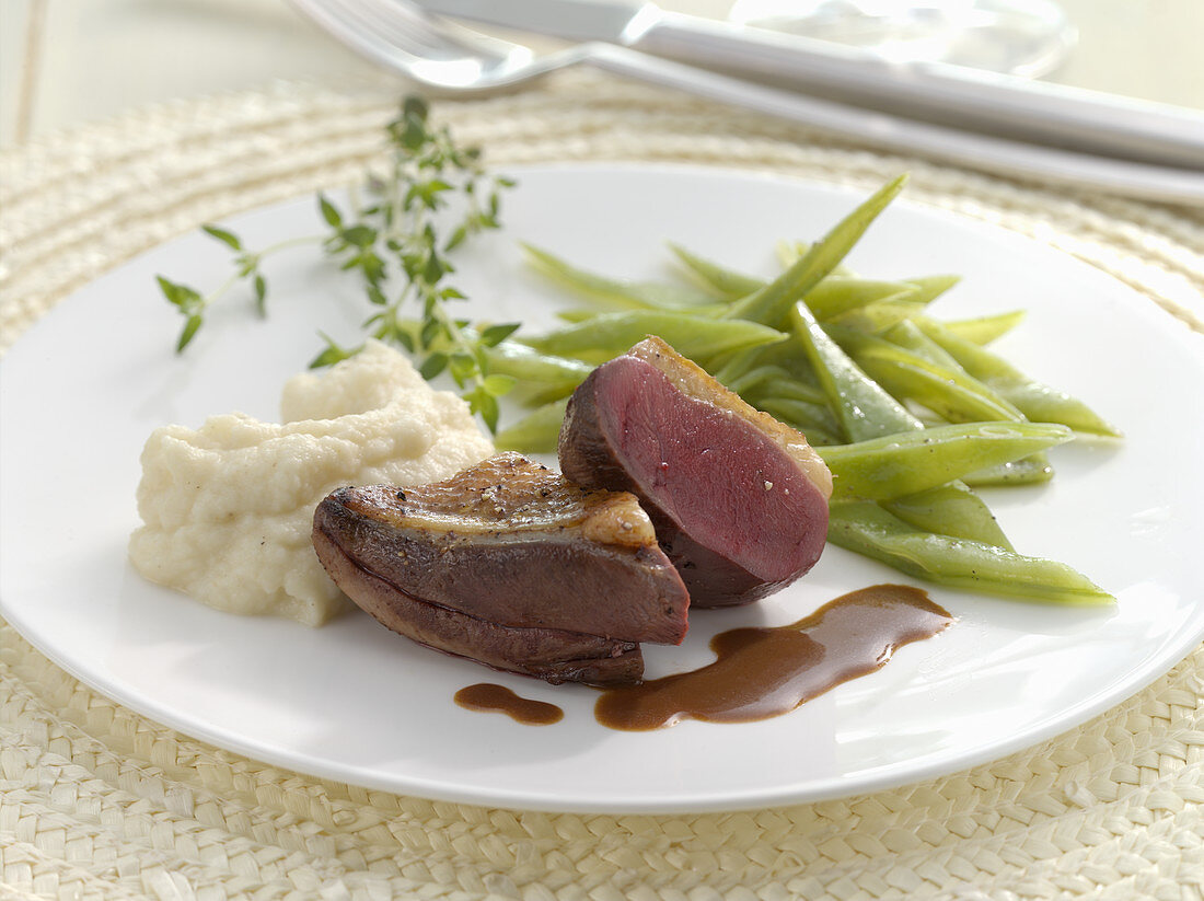 Pigeon breast on celery cream with beans