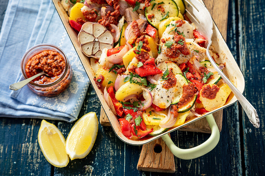 Fish and veggies bake with dried tomatoes pesto