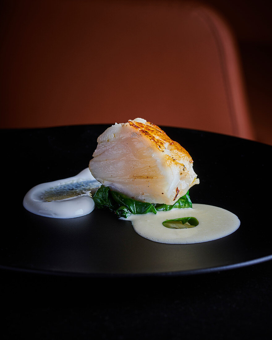 Monkfish fillet with spinach, verbena and Greek yoghurt