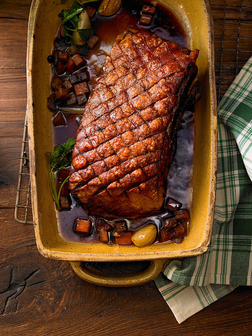 Roast pork in a tray