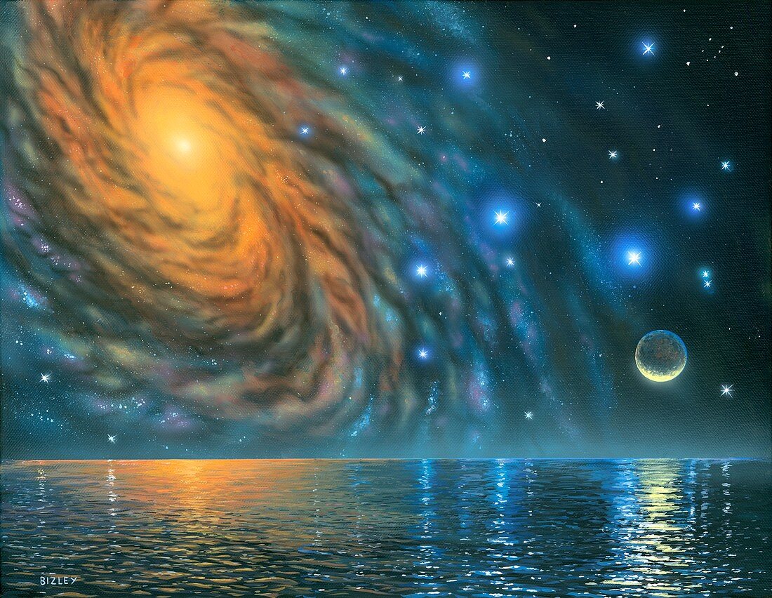 Starlight reflecting in alien ocean,illustration