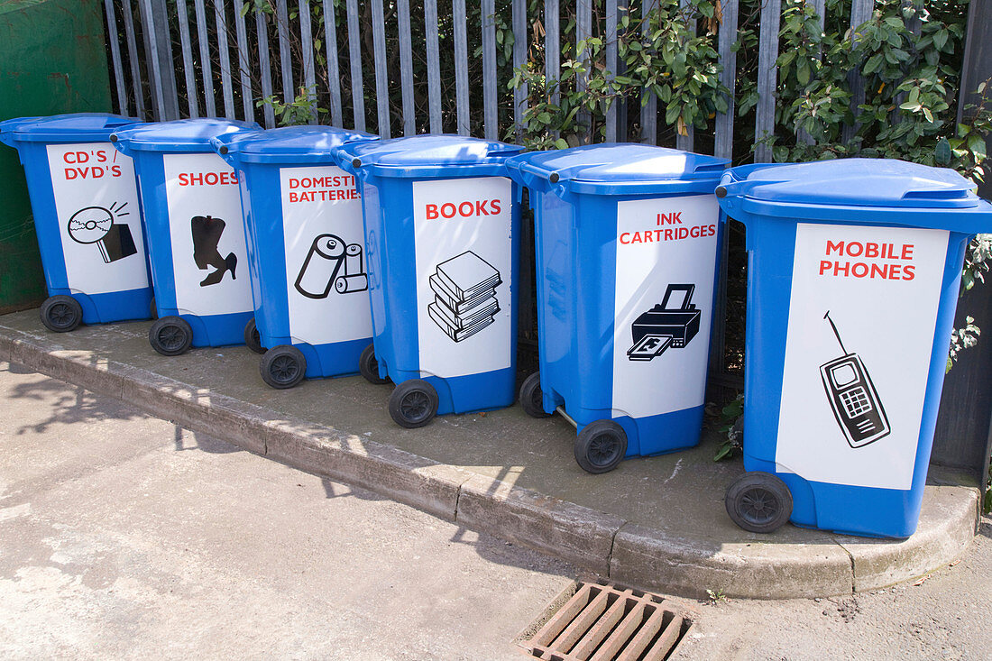 Various recycling bins at city tip