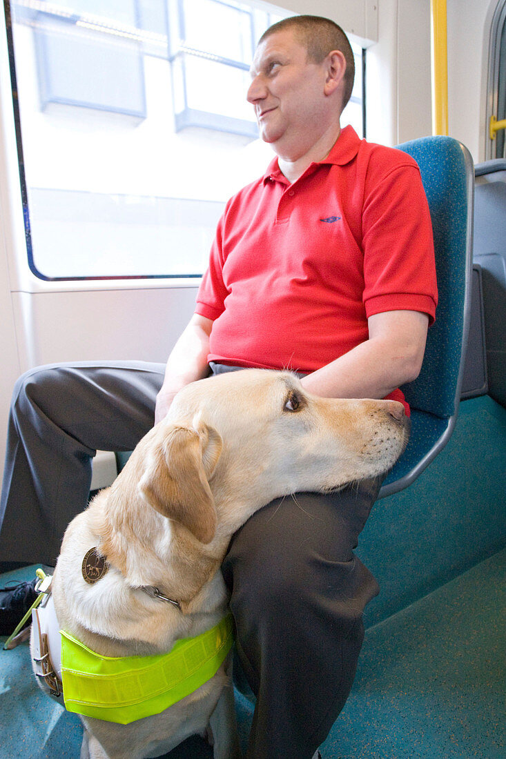 Vision impaired man with guide dog travelling on a tram