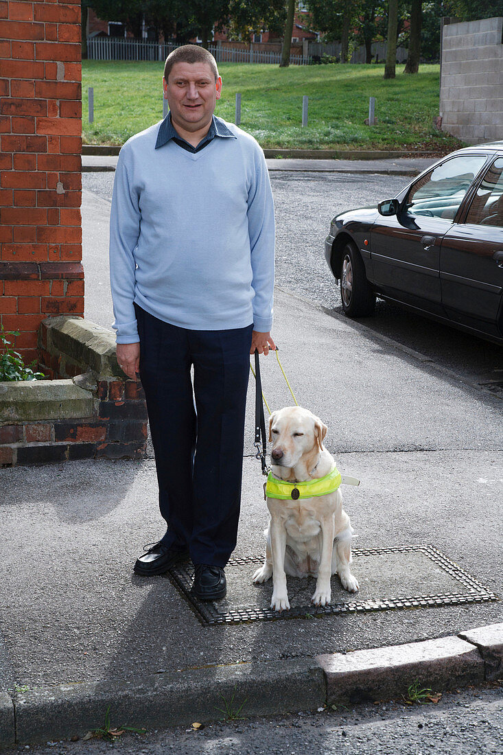 Guide Dog in harness at kerb with owner