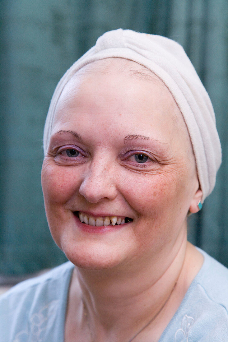 Chemotherapy patient wearing a towelling turban