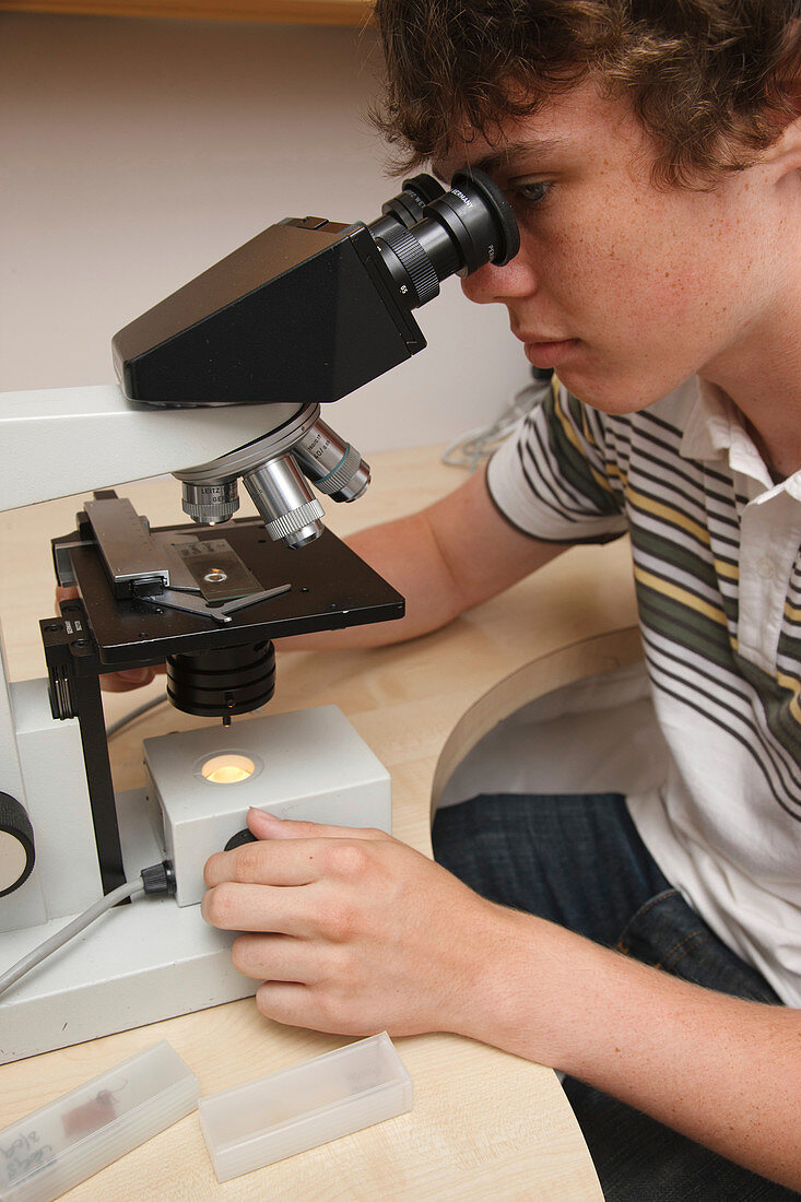 Teenager looking through microscope