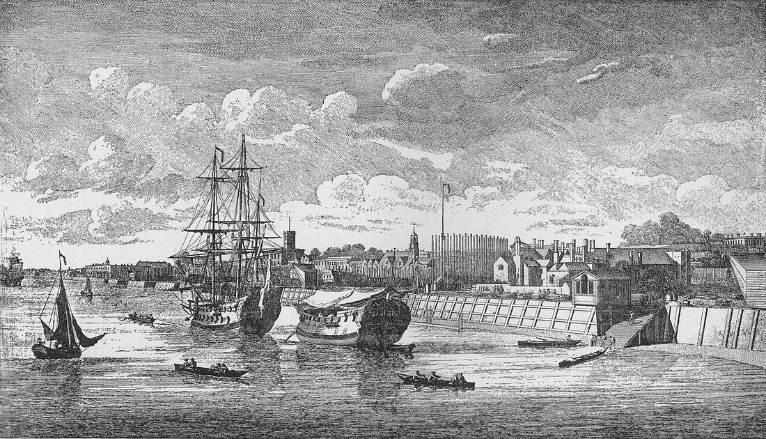 Woolwich Dockyard from the Thames, c1750, (1912)