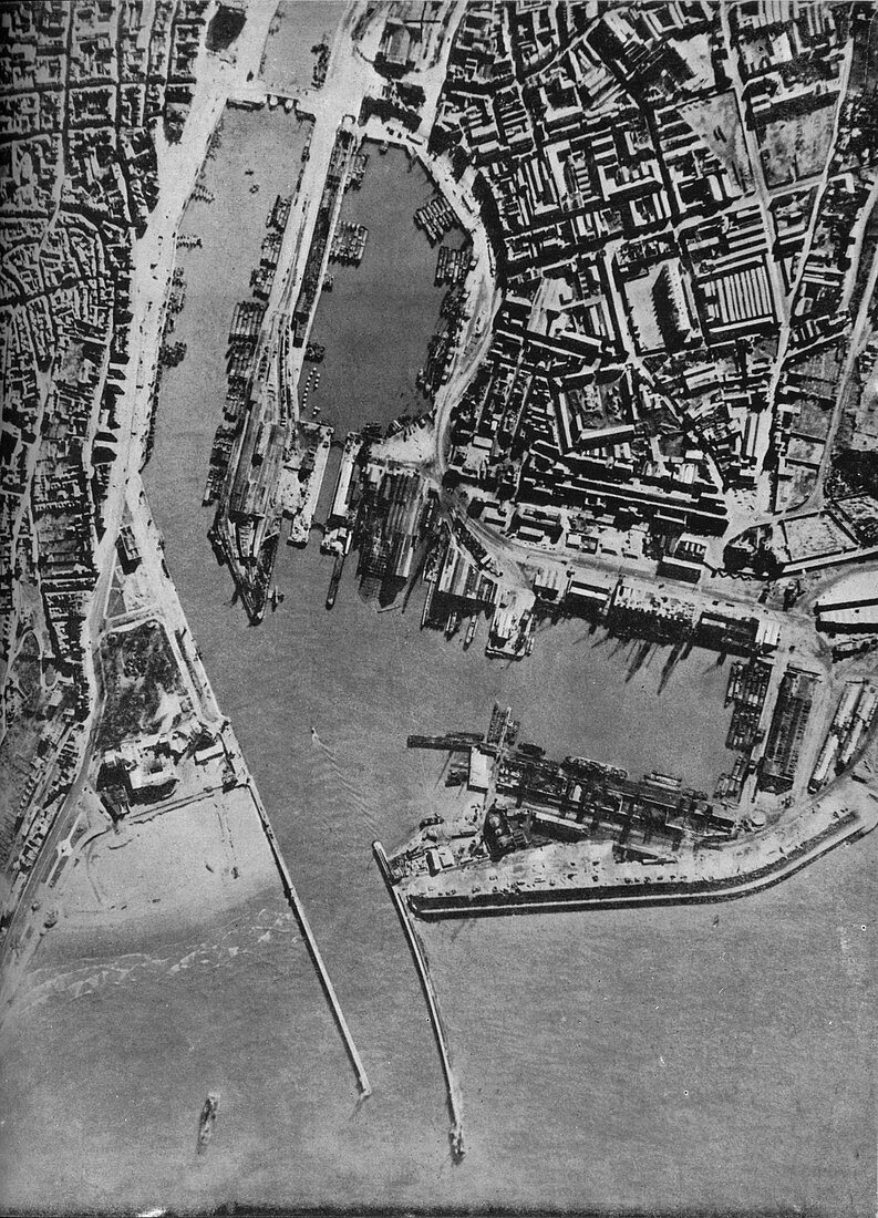 Invasion barges massed in Boulogne harbour, France, 1940