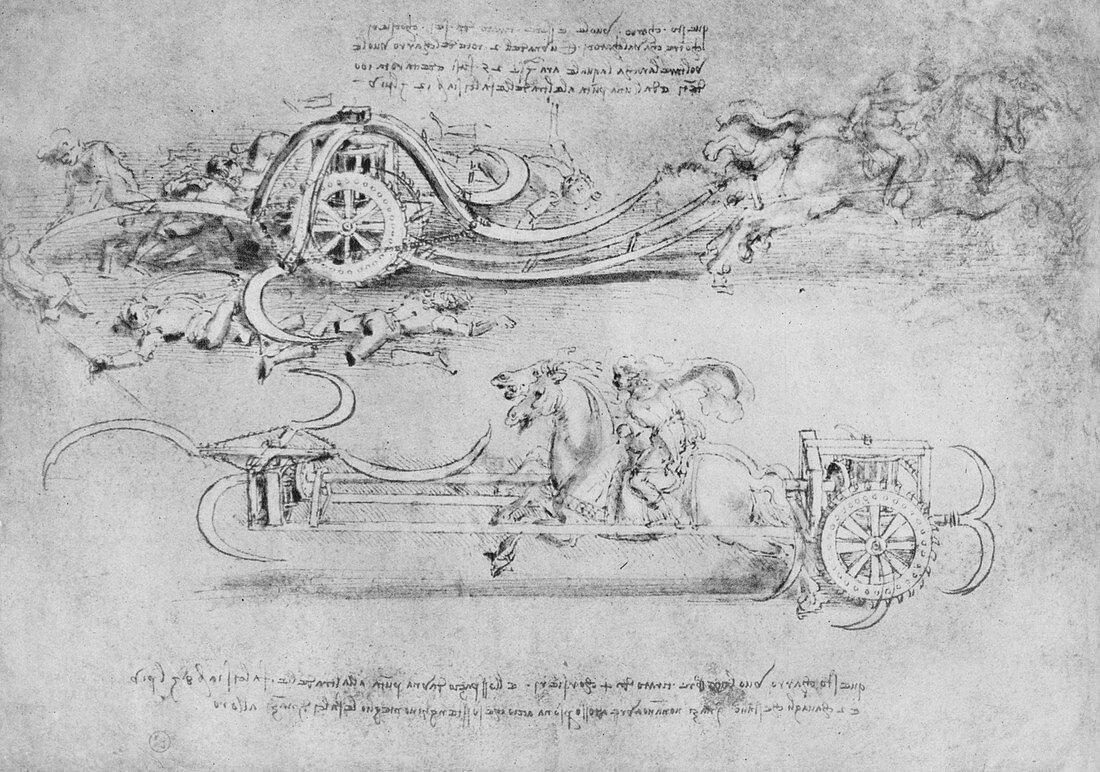 Drawings of Two Types of Chariot Armed with Scythes, c1480