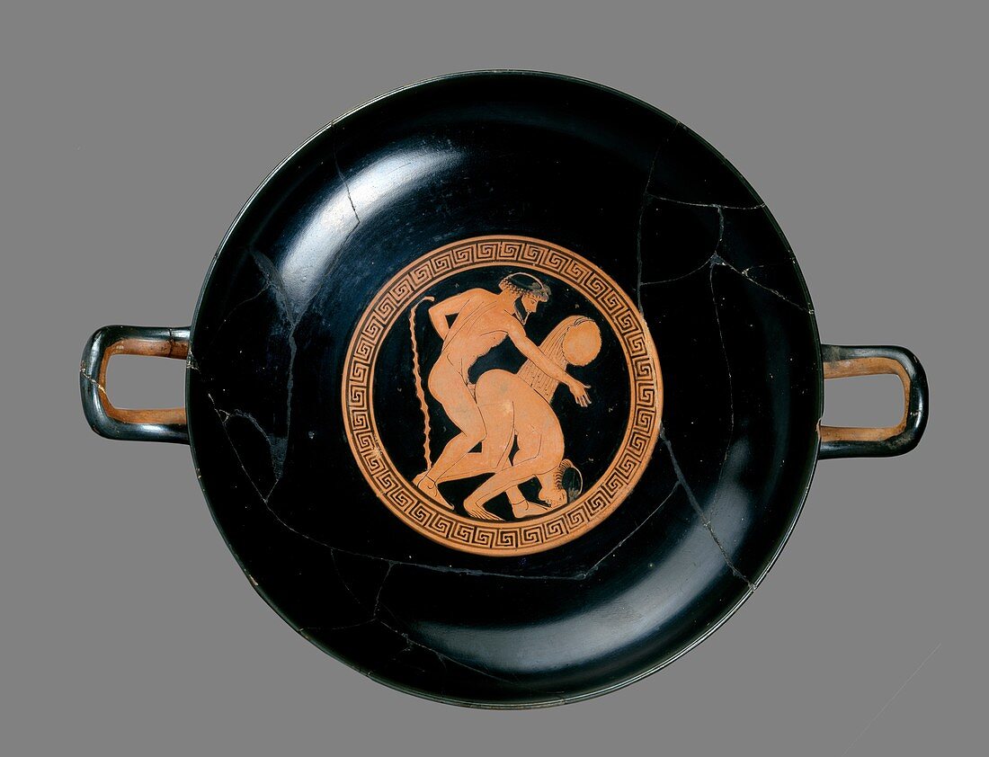 Athenian red-figure cup, man and woman making love, c480BC