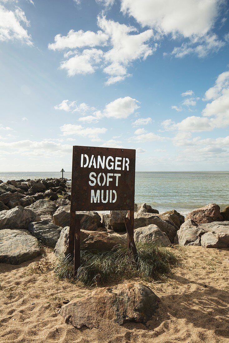 Warning sign, Jaywick Sands, Essex, UK