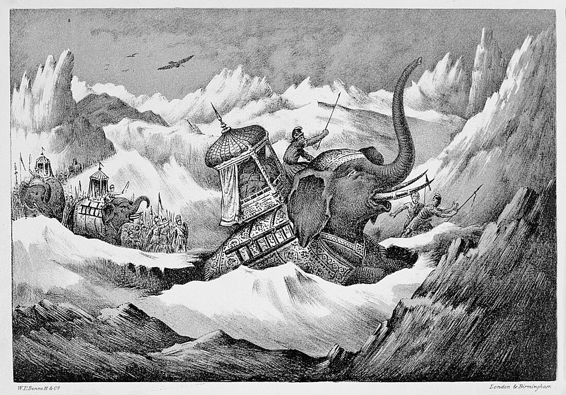 Hannibal and his war elephants crossing the Alps, 218 BC