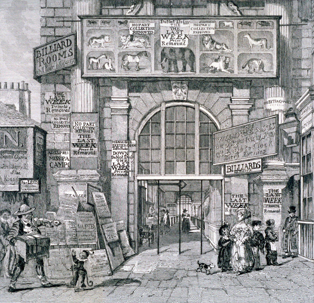 Eastern entrance to Exeter Change, Westminster, London, 1829