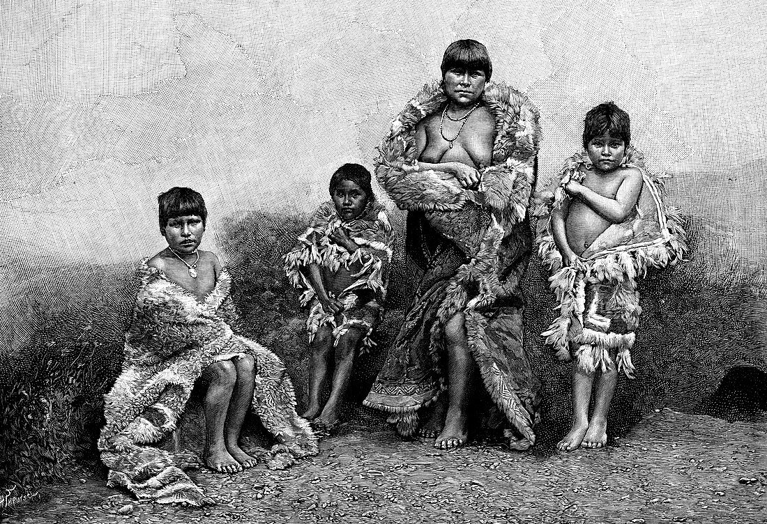 Alakaluf Fuegians, dressed in guanaco skins, Chile, 1895