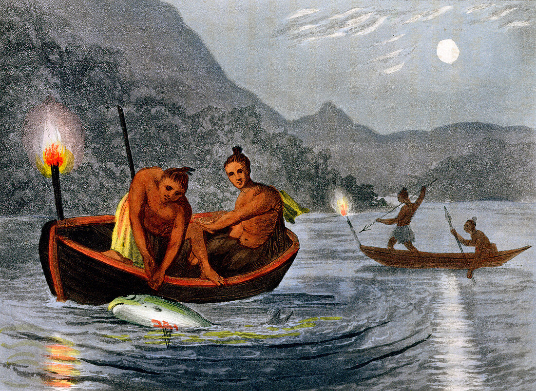 Native Americans fishing by torchlight, 1813