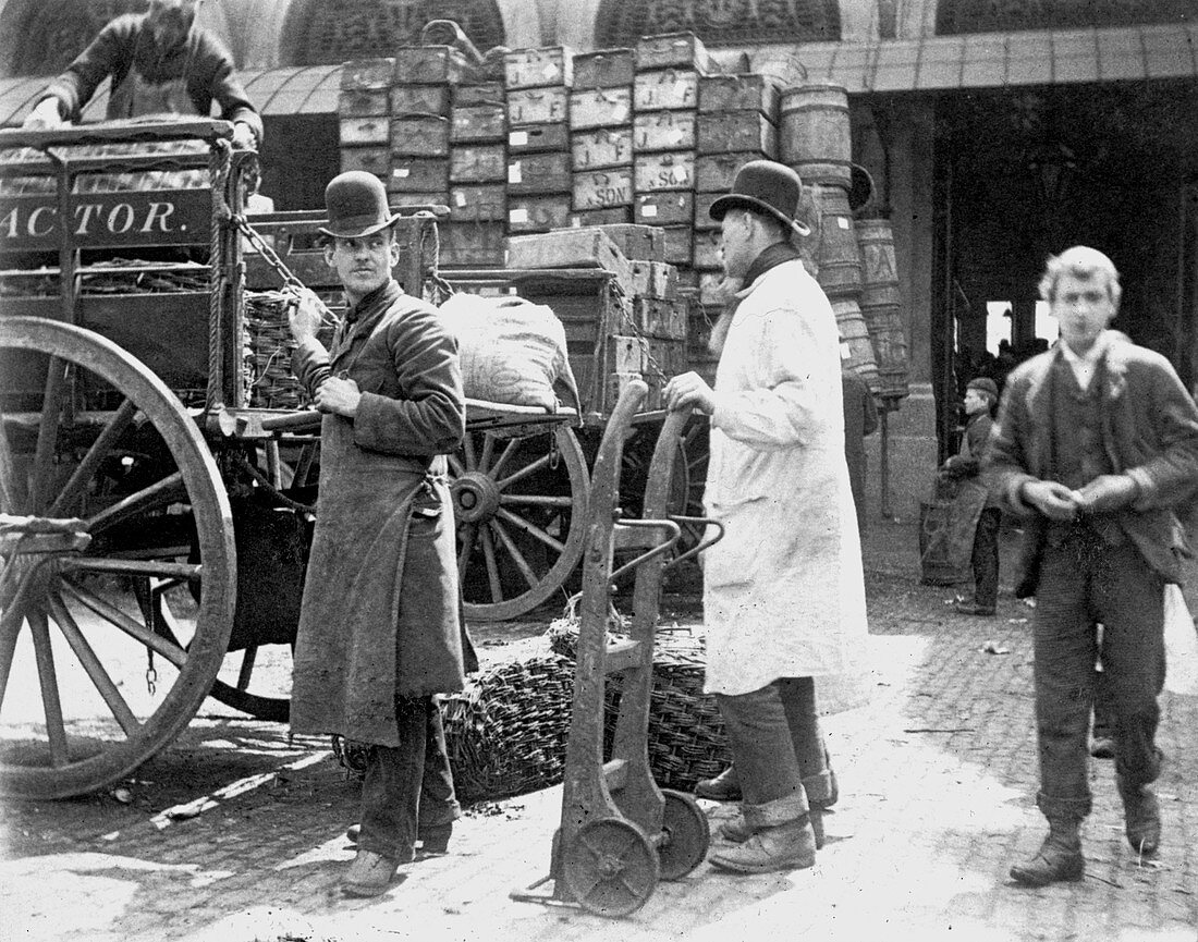 Unloading at Billingsgate Market, London, 1893