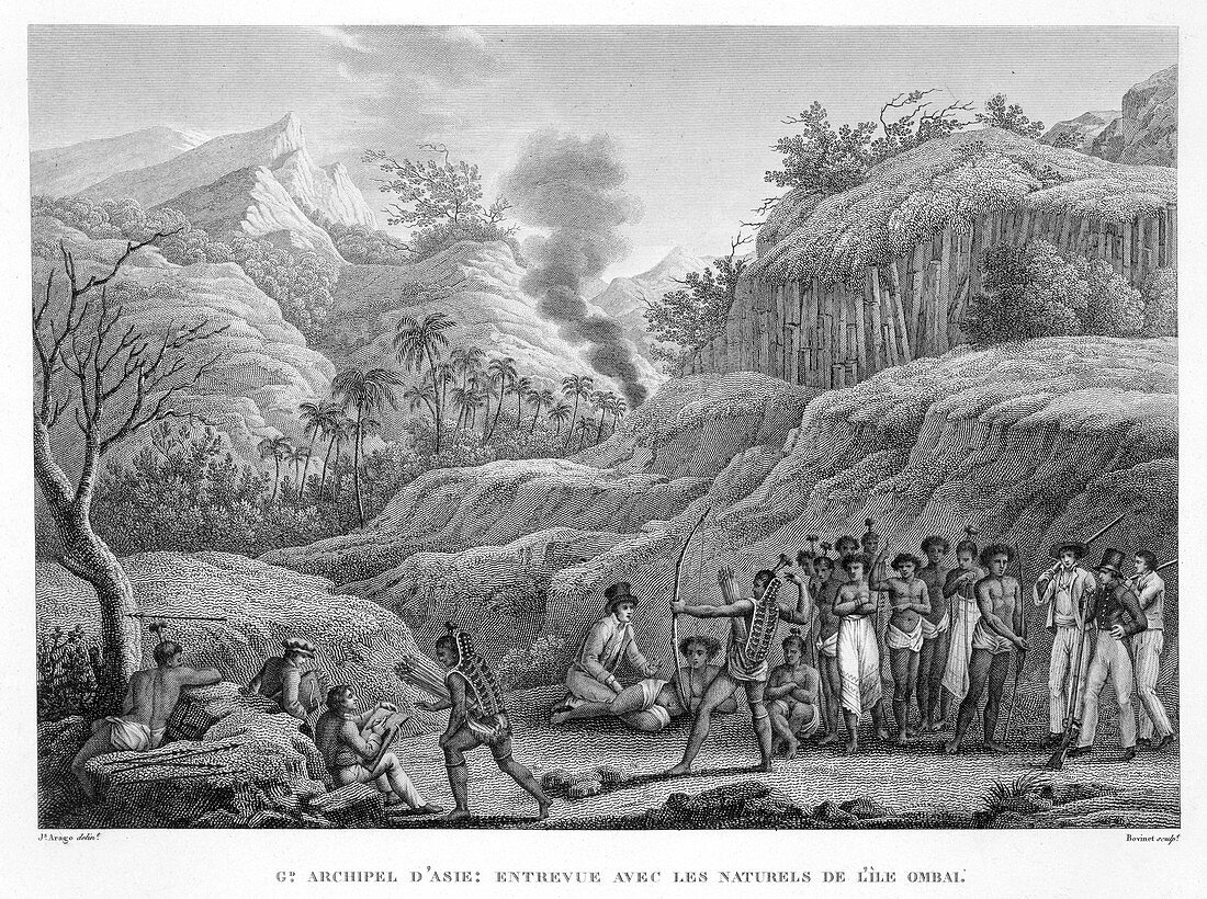 French explorers with natives on the Island of Ombai
