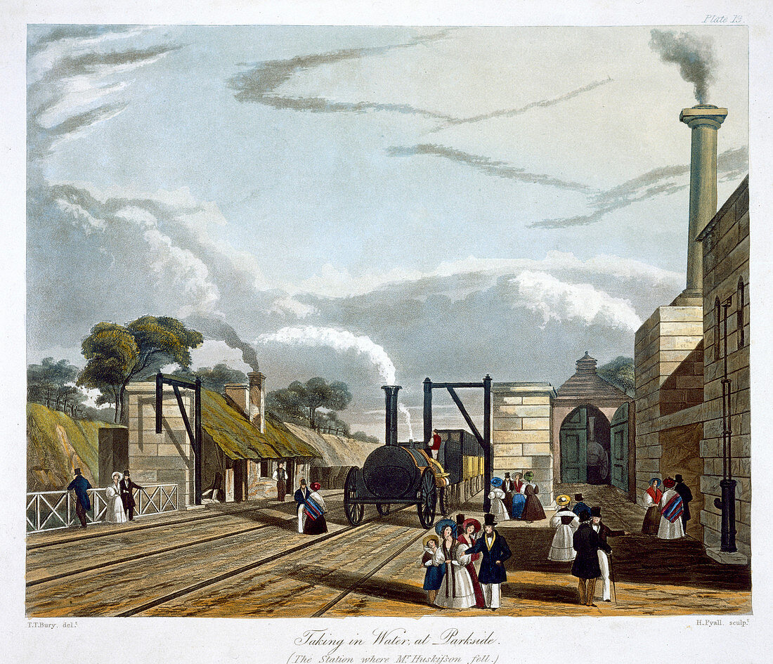 Locomotive taking in water at Parkside, 1833