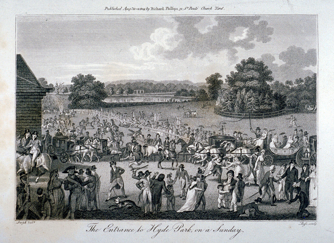 Crowded entrance to Hyde Park on a Sunday, London, 1804