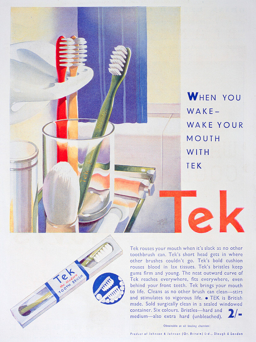 Advert for Tek toothbrushes, by Johnson and Johnson, 1931