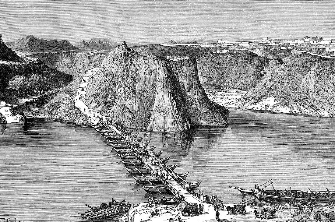Bridge of boats over the Indus at Khushalgarh, Pakistan