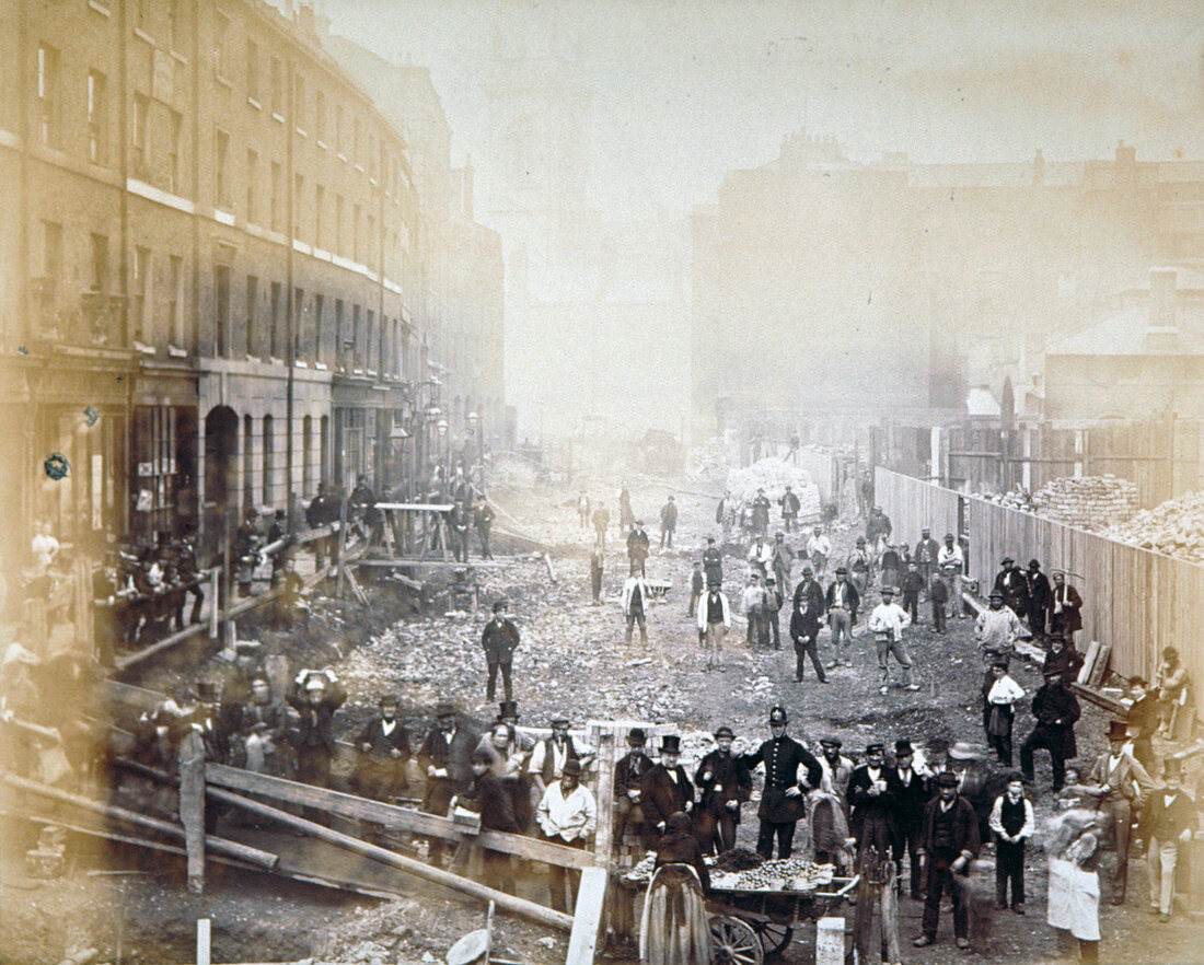 Road widening works in Shoe Lane, City of London, 1871
