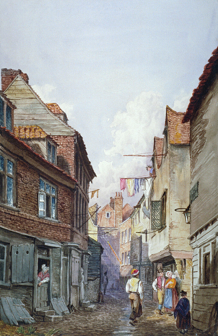 View of figures in Glean Alley, Bermondsey, London, c1825
