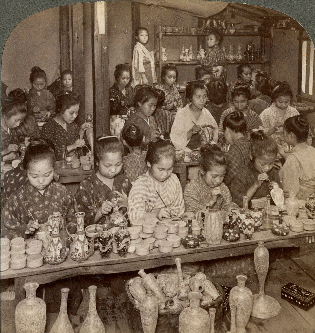 Decorating cheap pottery for foreign markets, Japan, 1904