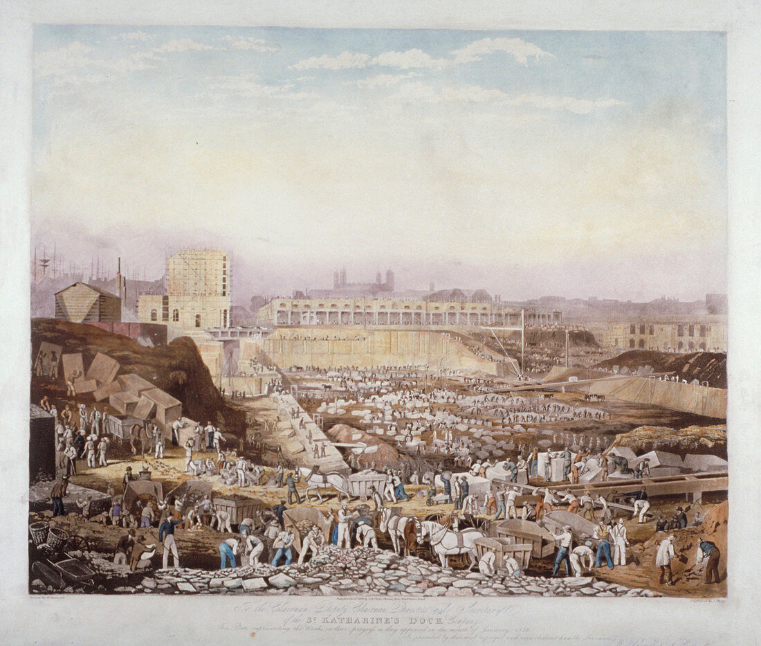 Construction work at St Katherine's Dock, London, 1828