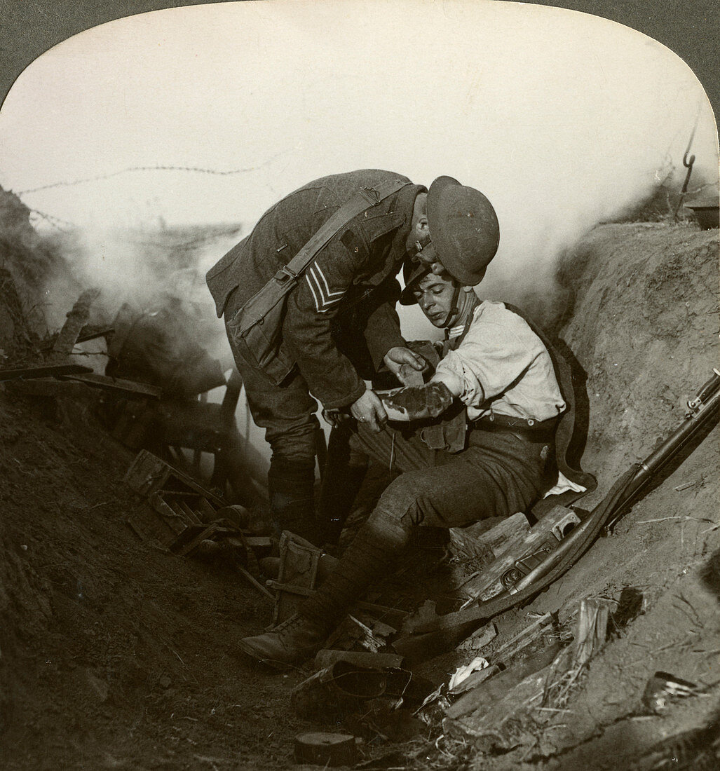 Soldier receiving first aid, Battle of Peronne, World War I