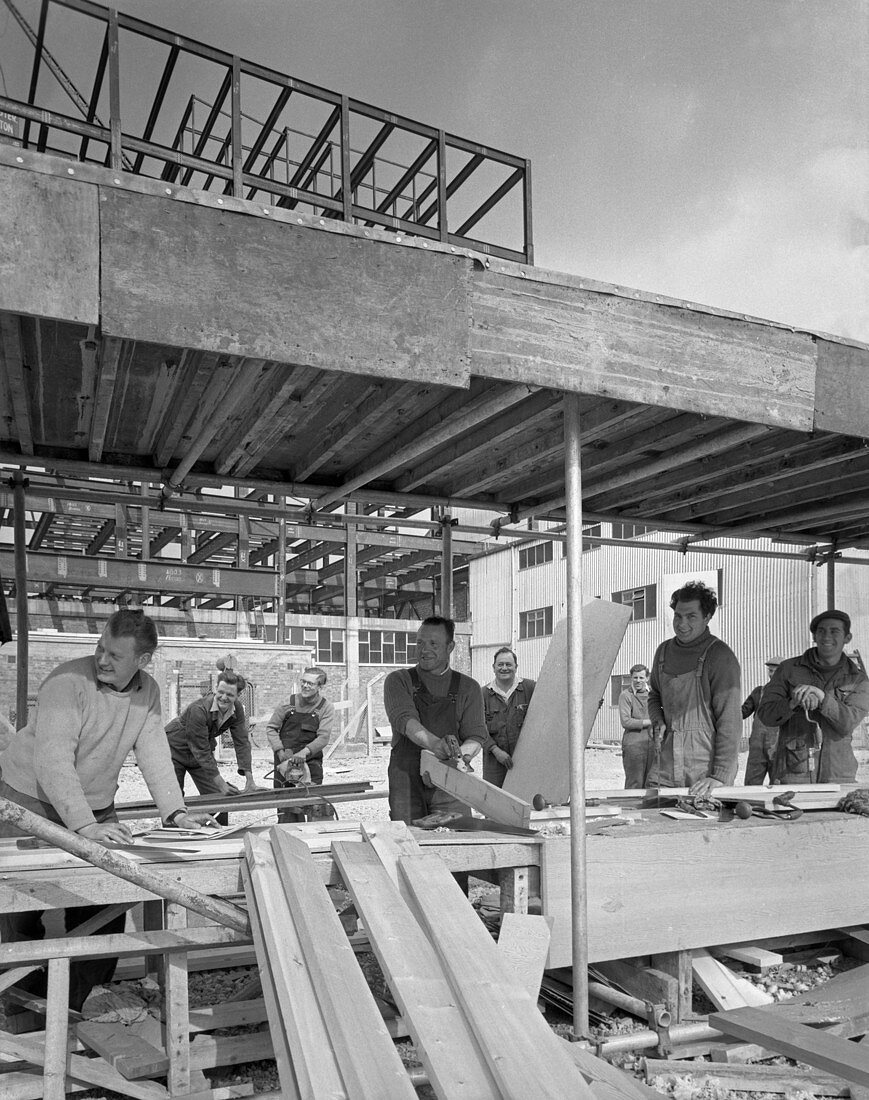 Carpenters on a building site, Lincolnshire, 1960