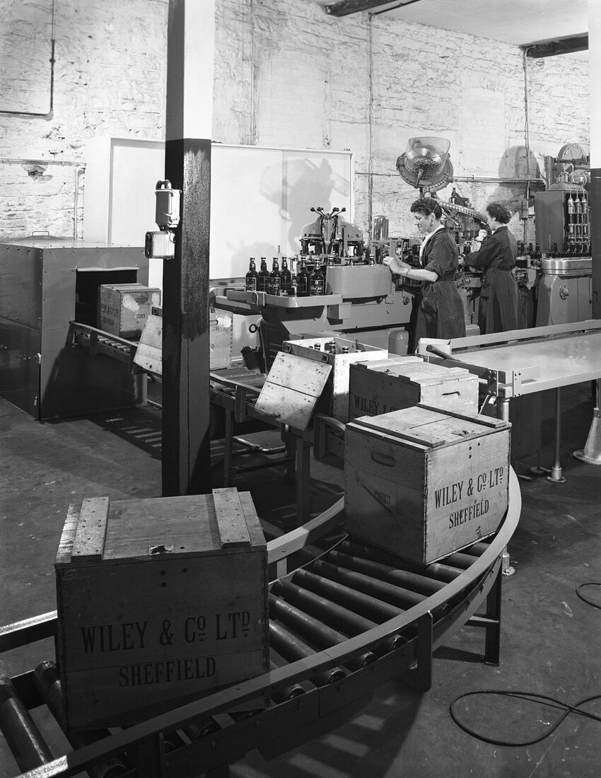 The final stages of bottling whisky at Wiley & Co, 1960