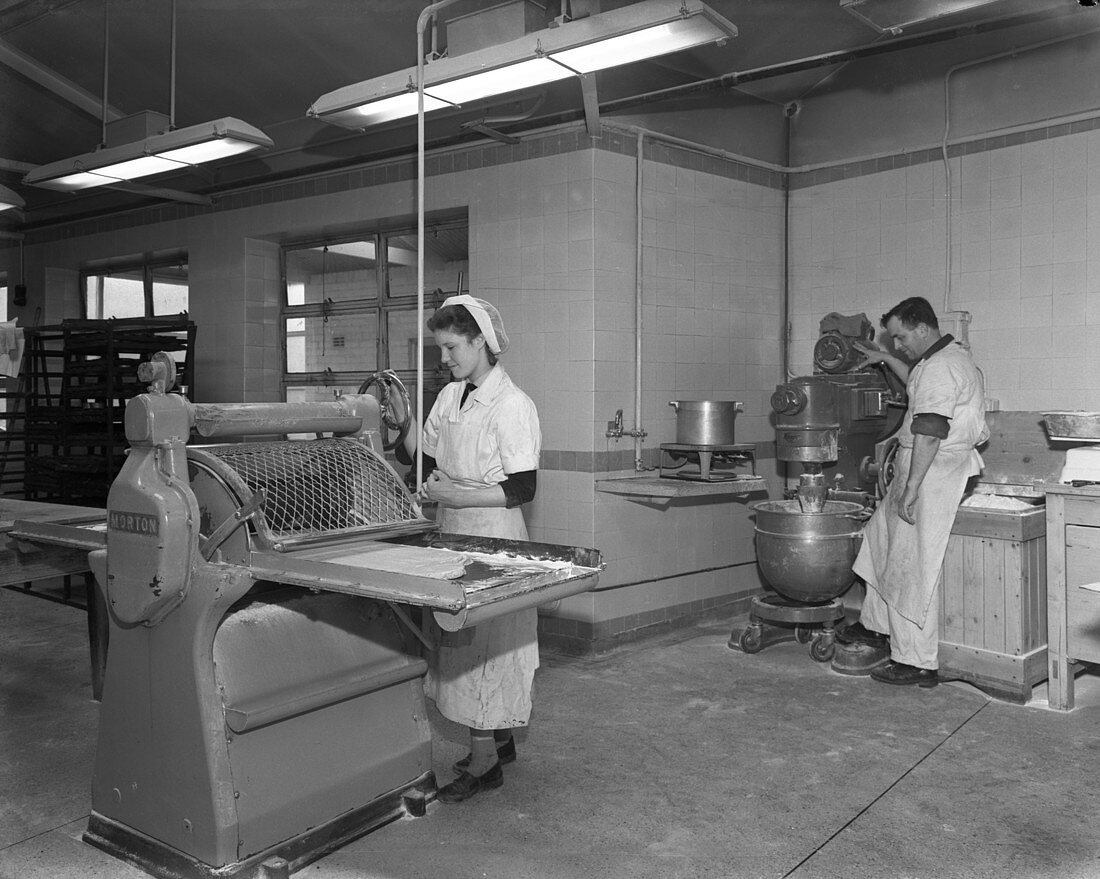 Pastry making for meat pies, Rawmarsh, South Yorkshire, 1955