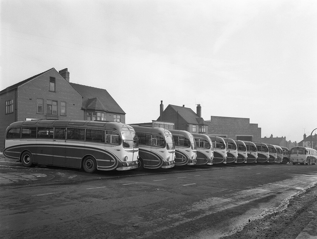 Fleet of Phillipson's coaches, South Yorkshire, 1963