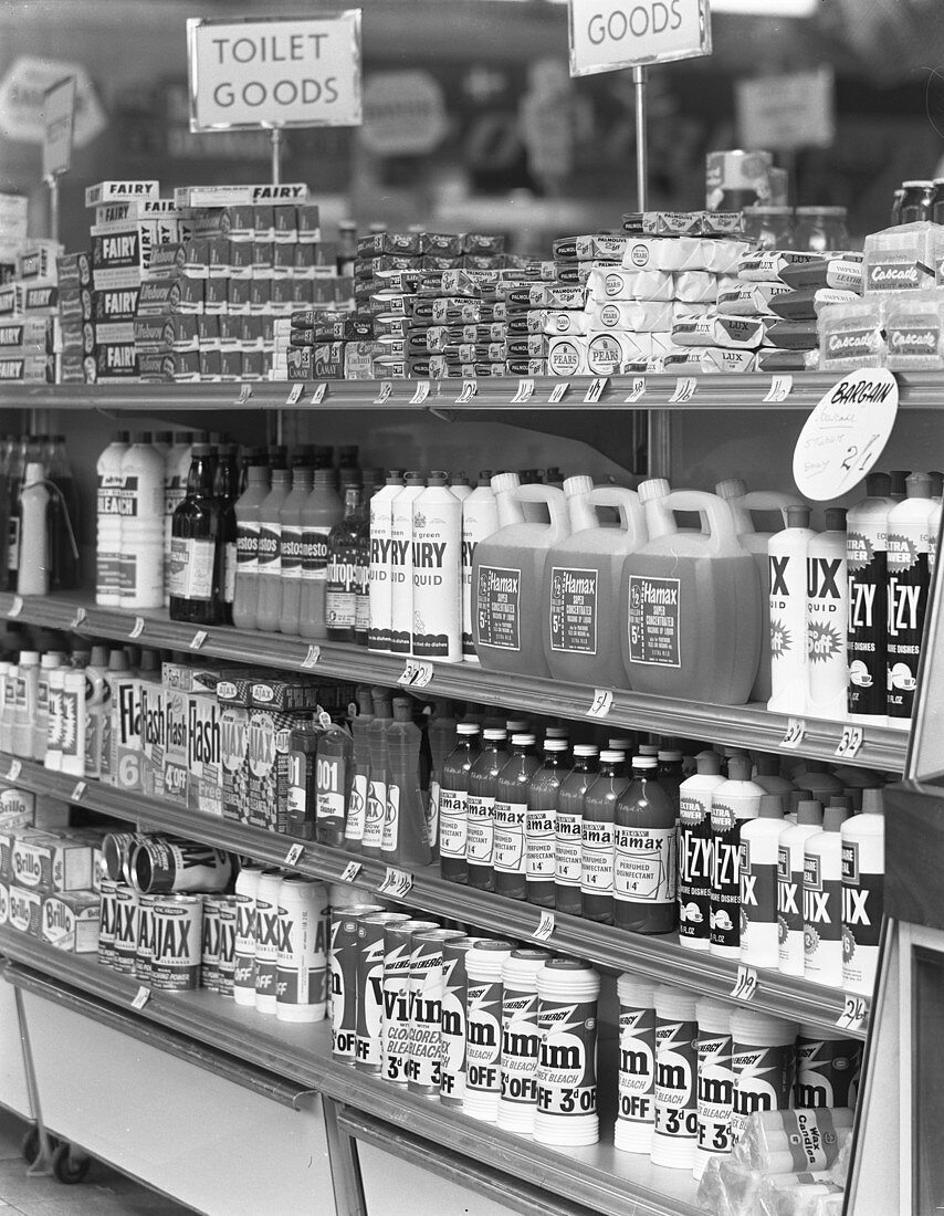Cleaning products on supermarket shelves, 1966