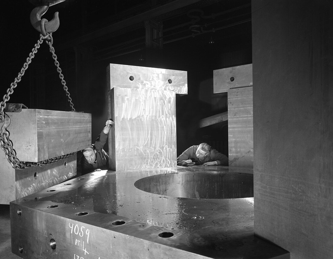 Inspecting a bubble chamber casting, 1964