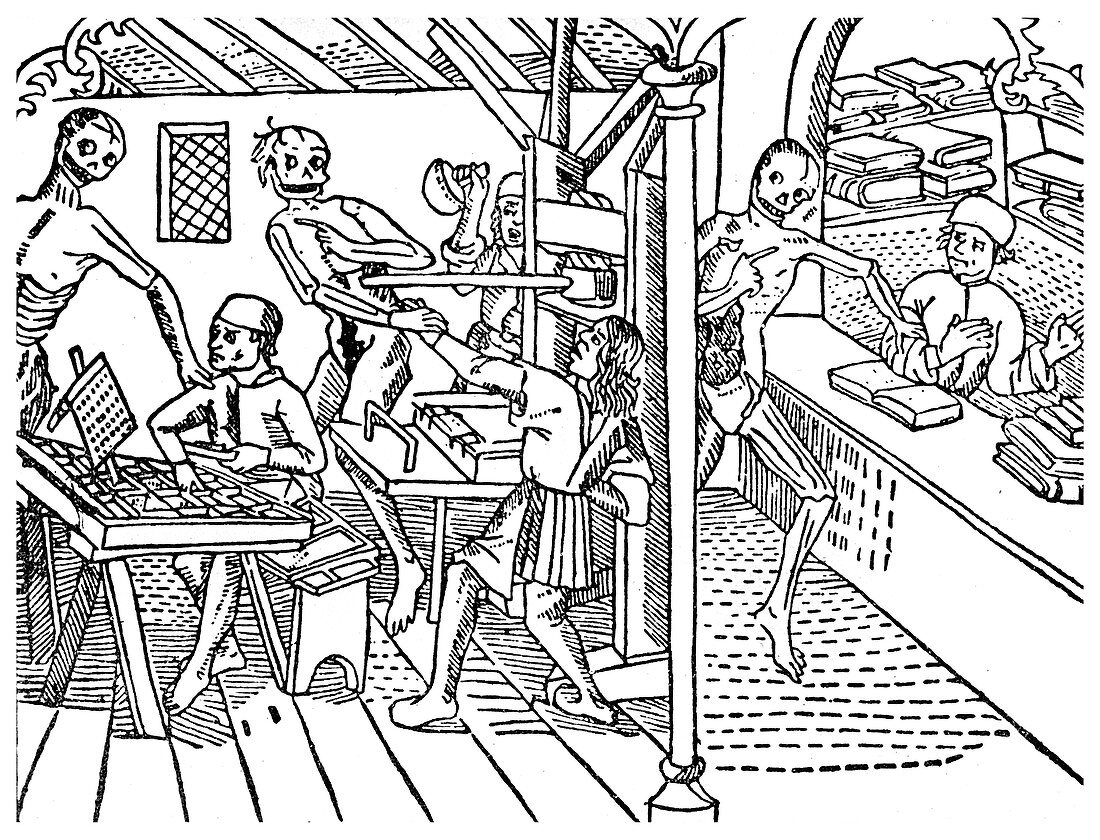 Printworkers harassed by skeletons, 1499