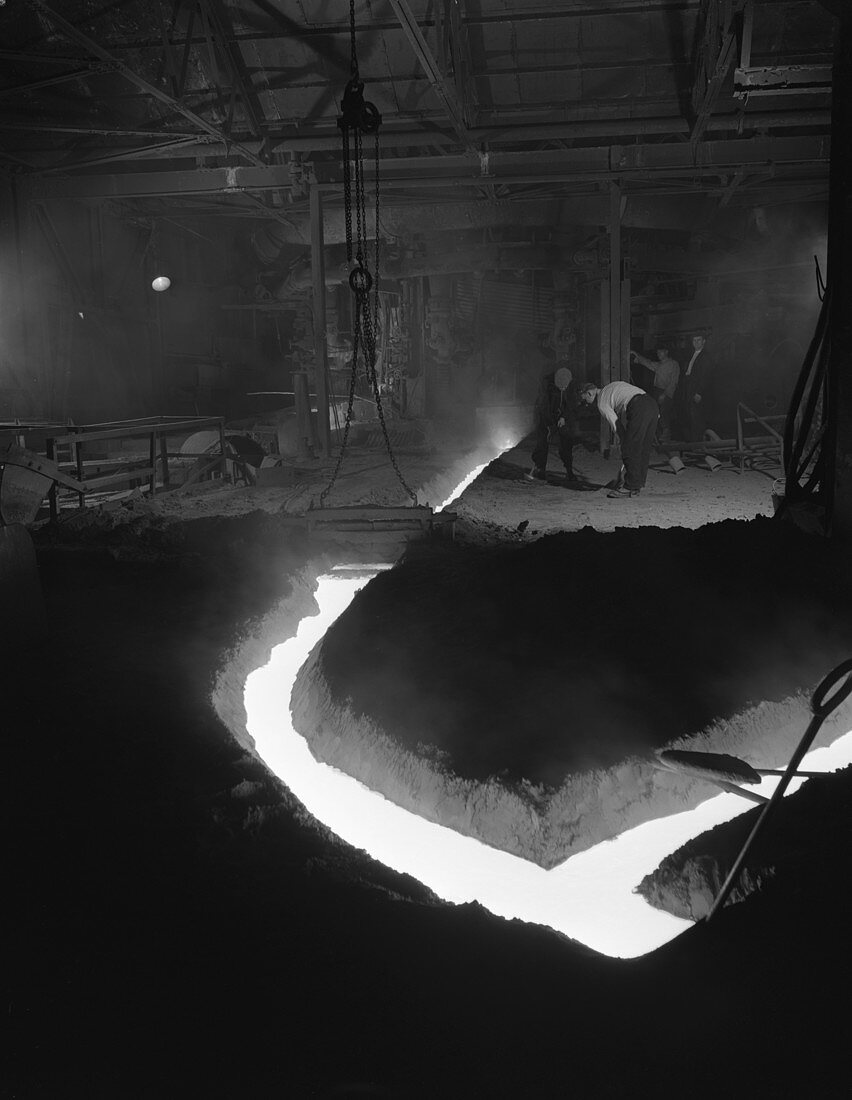 Molten steel being channelled, 1962
