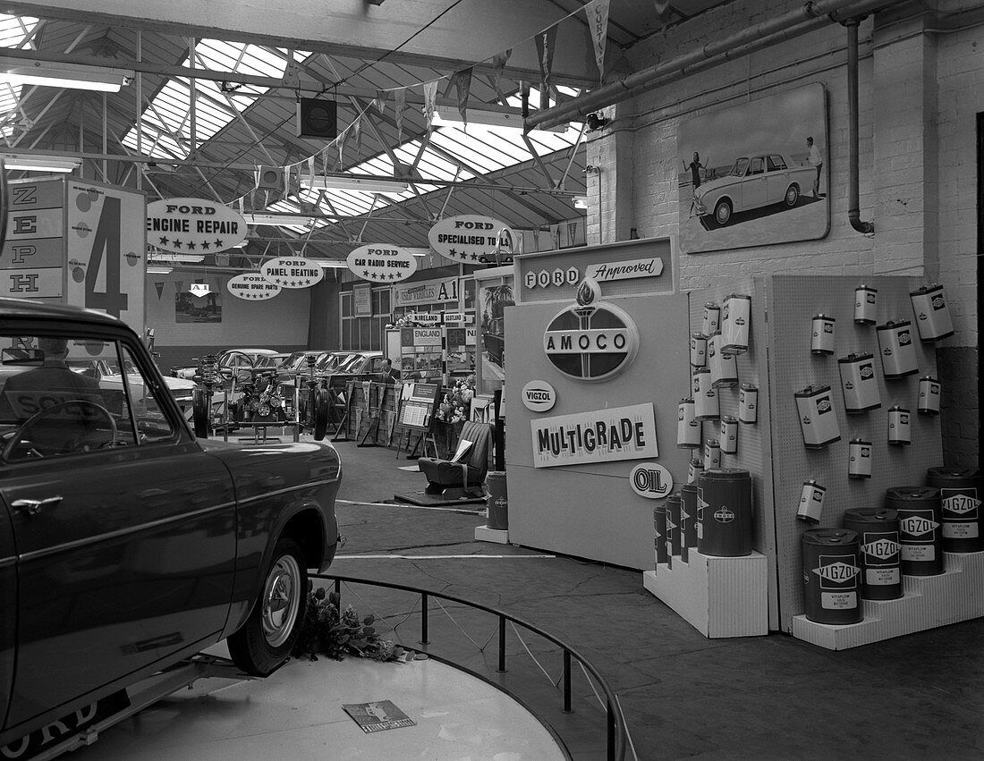 Exhibition at a Ford dealer, South Yorkshire, 1964