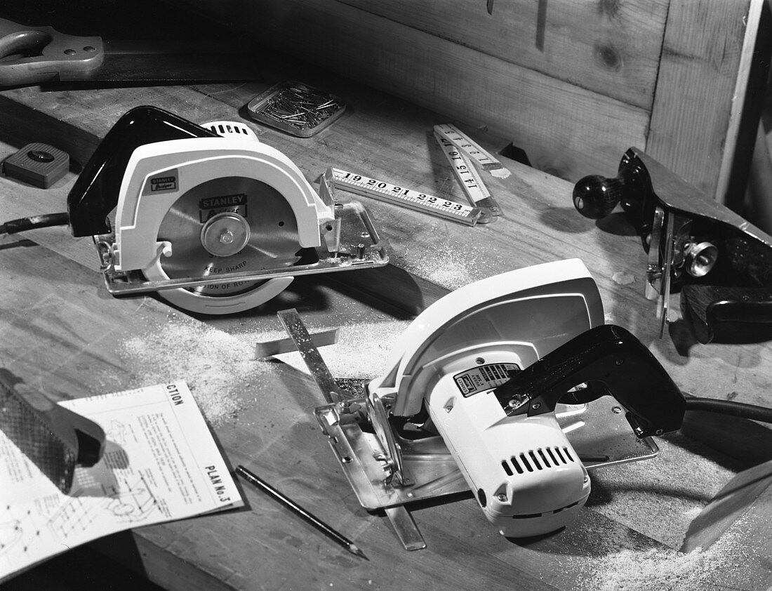 Publicity shot for Stanley circular saws, 1965