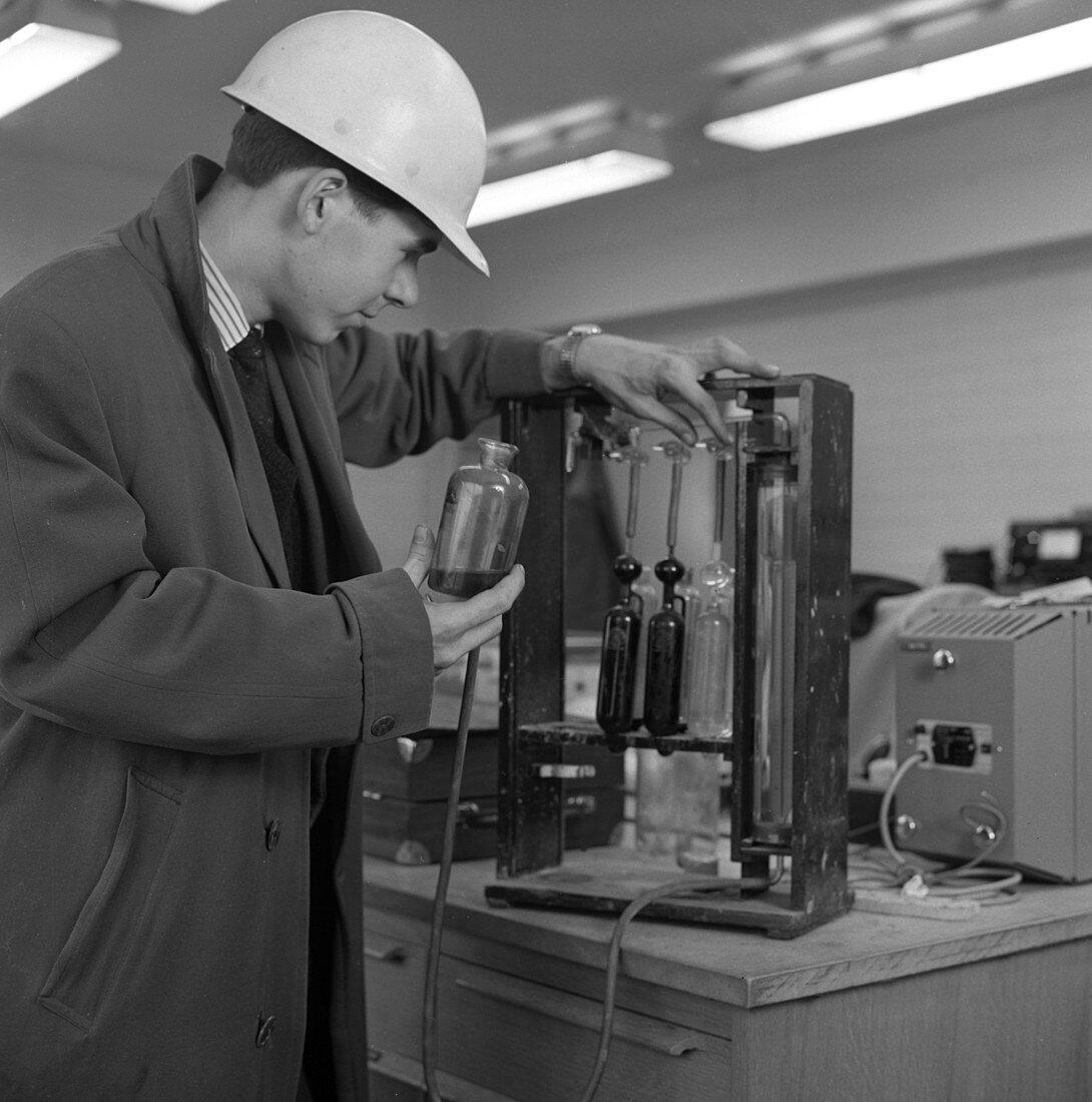 Lab testing at steel company, 1964