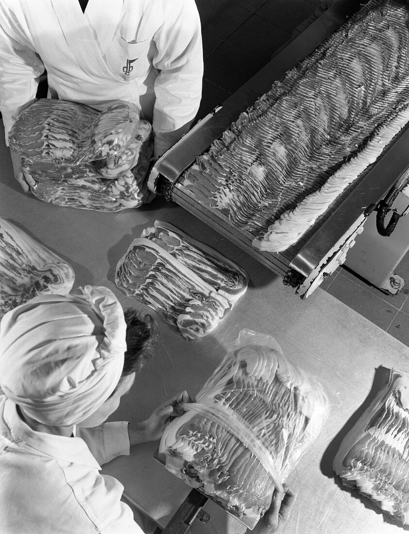 Packing bacon rashers, 1964