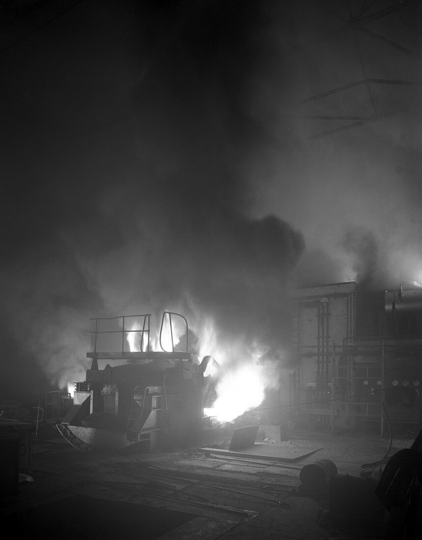 Arc furnace in steelworks, Sheffield, South Yorkshire, 1964