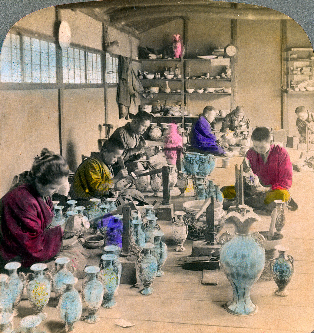 Decorating Awata porcelain ware, Kyoto, Japan, 1904