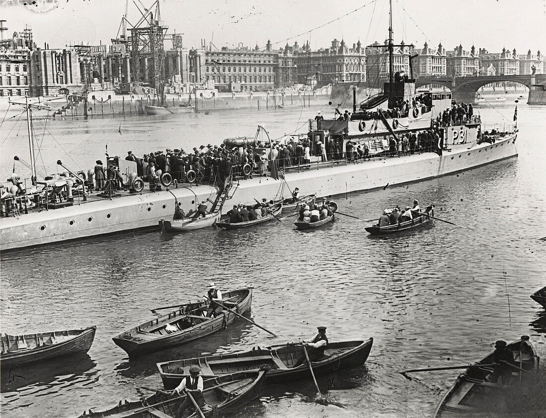 Ship and boats on the River Thames, London, c1913