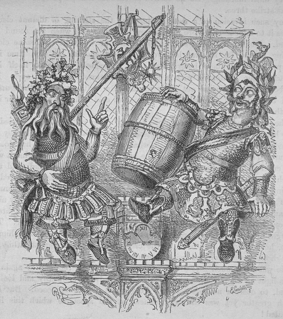 Gog and Magog with a barrel, 1840