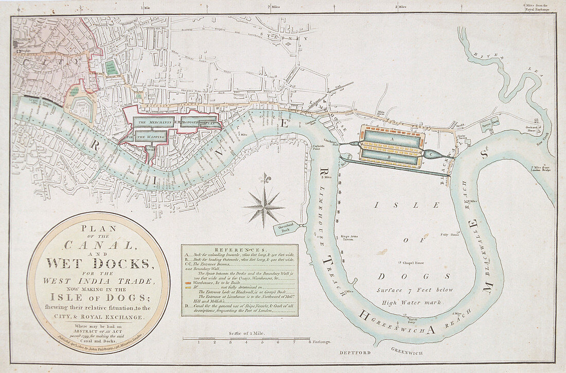 Proposed canals and docks, London, 1800