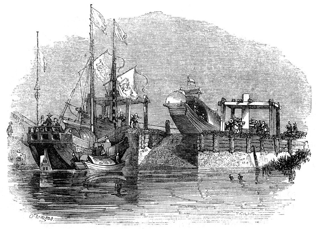 Boat drawn over a sluice or lock on a canal', 1847