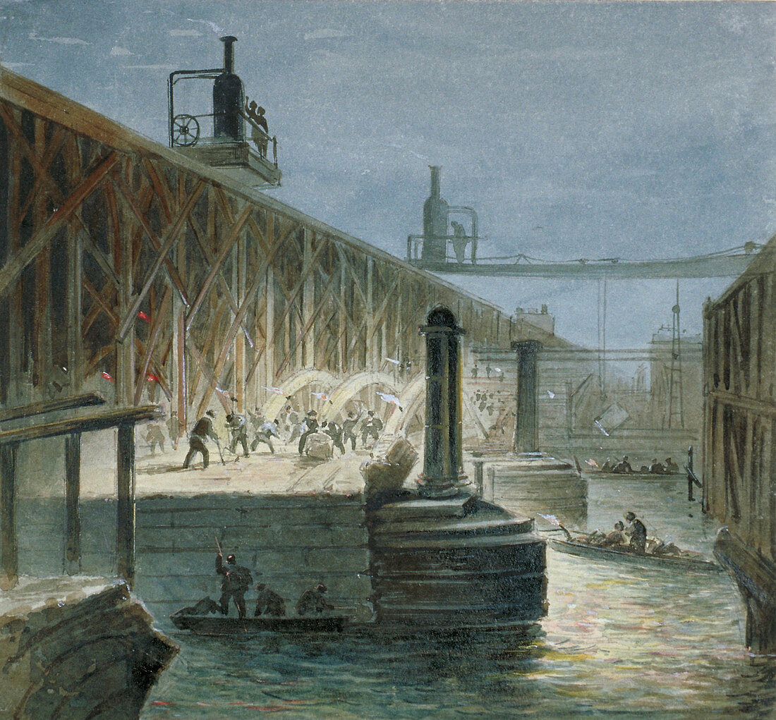 Demolition work on Blackfriars Bridge, London, 1865